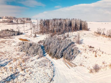 Güneşli bir günde karla kaplı kış manzarası. Çek Cumhuriyeti, Vysocina bölgesi dağlık
