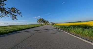 Spring trip by car around blooming fields and trees on county road. Countryside landscape from camera on moving vehicle. Czech Republic