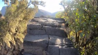 Hiking in beautiful Semien or Simien Mountains National Park landscape in Northern Ethiopia. Africa wilderness. Mountain travel concept.