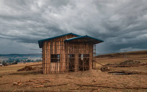 Agricultor Primitivo Tradicional Fazenda Madeira Para Vaca Região Amhara Etiópia — Fotografia de Stock