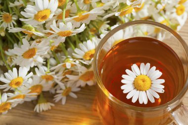 Papatya çiçekli bir fincan bitki çayı.