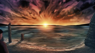 Gün batımında sahilde kişi