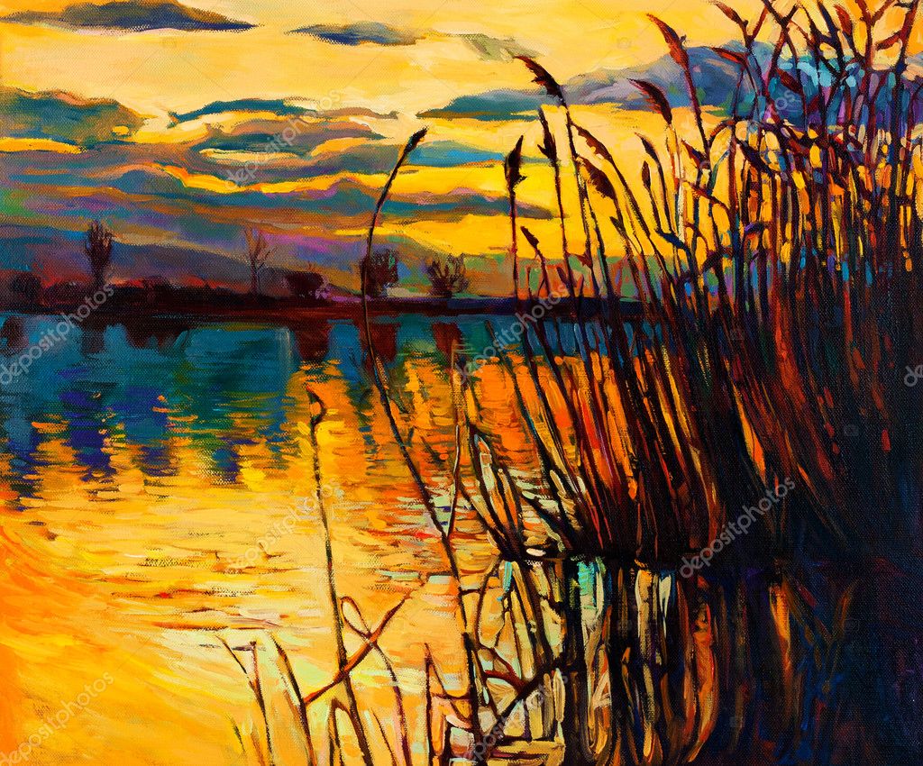 Dipinto originale olio che mostra bellissimo lago tramonto landscape fern punta cielo e nuvole impressionismo moderno — Foto di borojoint