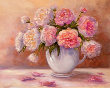 Tabaktaki pembe şakayık çiçeklerini gösteren orijinal yağlı boya tablo. Paeonia cinsi, aile sübyancılığı. Modern empresyonizm, modernizm, marinizm.