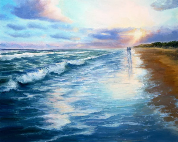 Pintura Óleo Original Oceano Praia Sobre Tela Casal Jovem Apreciando — Fotografia de Stock