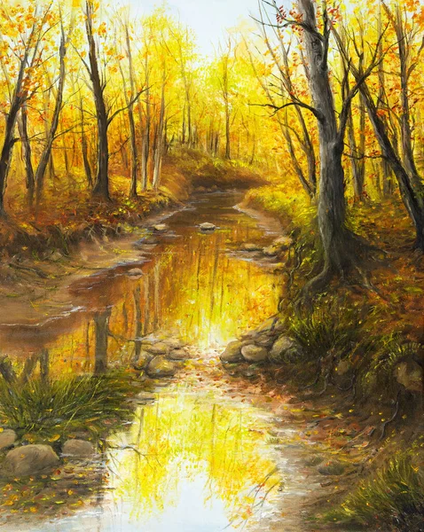 Original Oil Painting Beautifl Autumn Landscape Forest Mountains River Canvas — Stock Photo, Image