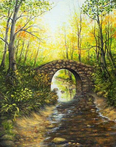 Original Oil Painting Beautifl Spring Landscape Forest Stone Bridge River Stock Photo