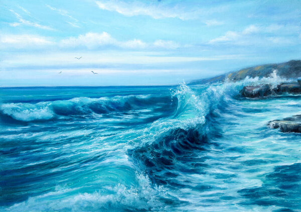 Original Oil Painting Ocean Cliffs Canvas Modern Impressionism Stock Image
