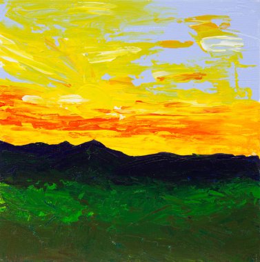 Güzel manzaranın orijinal yağlı boya tablosu. Kır gün batımı tuval üzerinde. Modern empresyonizm, modernizm, mariniler.