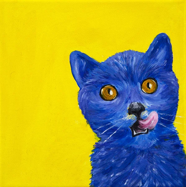 Abstract Painting Cute Blue Cat Yellow Background Modern Impressionism Modernism — Zdjęcie stockowe