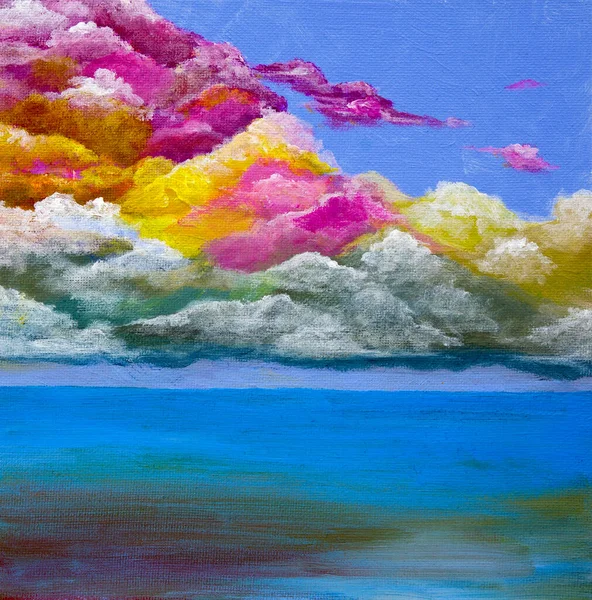 Original Acrylic Painting Beautiful Purple Sunset Ocean Canvas Modern Impressionism — ストック写真