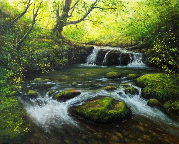 Originele Olieverfschilderij Van Prachtige Lente Landschap Bos Rivier Canvas Modern — Stockfoto