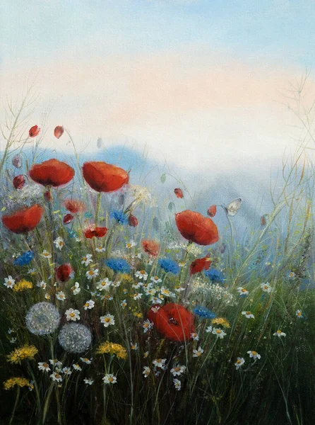 Original Oil Painting Opium Poppy Papaver Somniferum Daisy Field Canvas — Stock Photo, Image