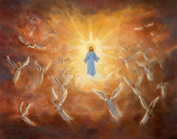 Original Oil Painting God Surrounded Angels Heavenly Kingdom Canvas Modern Ліцензійні Стокові Зображення