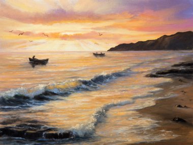 Original  oil painting of beautiful golden sunset over ocean beach.Fishing boats on canvas.Modern Impressionism, modernism,marinis