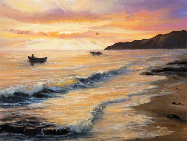 Original Oil Painting Beautiful Golden Sunset Ocean Beach Fishing Boats Image En Vente