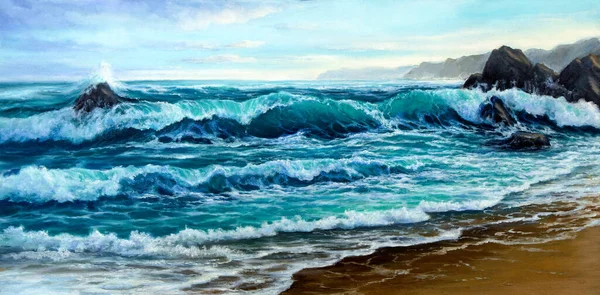 Pittura Olio Originale Oceano Scogliere Tela Impressionismo Moderno Immagine Stock