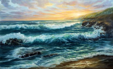 Okyanusun orijinal yağlı boya tablosu ve tuval üzerindeki uçurumlar. Modern empresyonizm