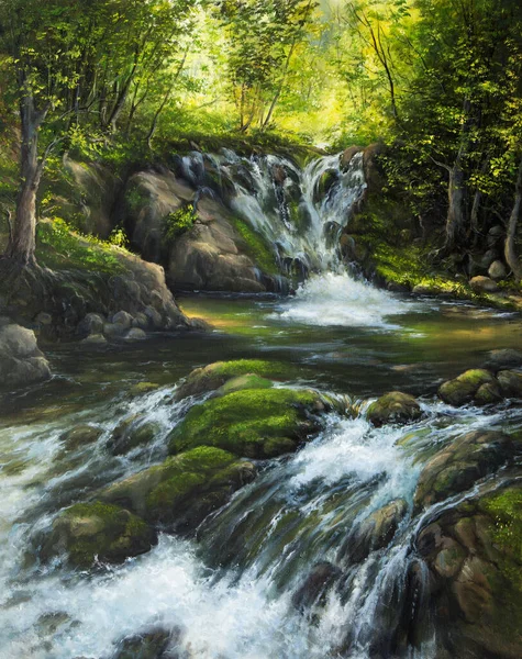 Original  oil painting of beautifl spring landscape, forest  and river waterfalls  on canvas.Modern Impressionism, modernism,marinis