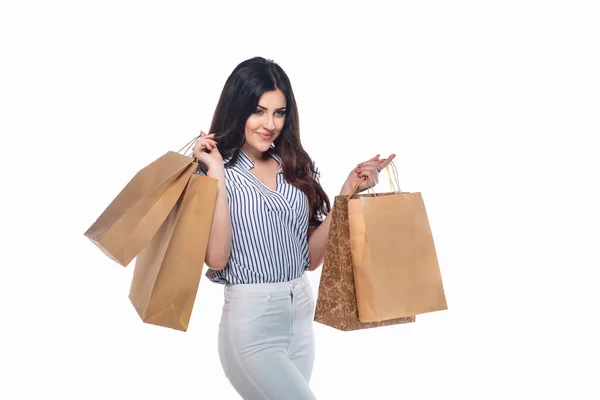 Mooi Brunette Kaukasisch Jong Meisje Witte Broek Gestreepte Shirt Houden — Stockfoto