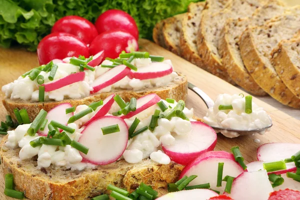 Smörgås med vita keso med rädisor och gräslök — Stockfoto