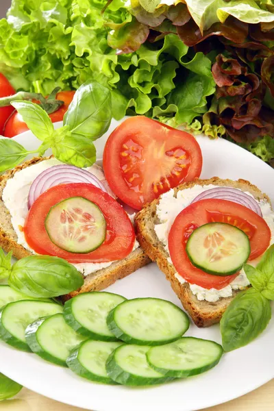 Sandwich with cottage cheese, tomato, onion and cabbage on white — Stock Photo, Image