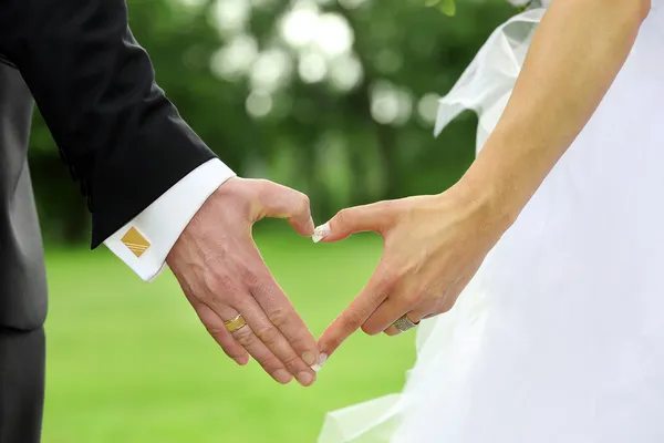 Bride and groom standing together and holding hands in shape of — Stock Photo, Image