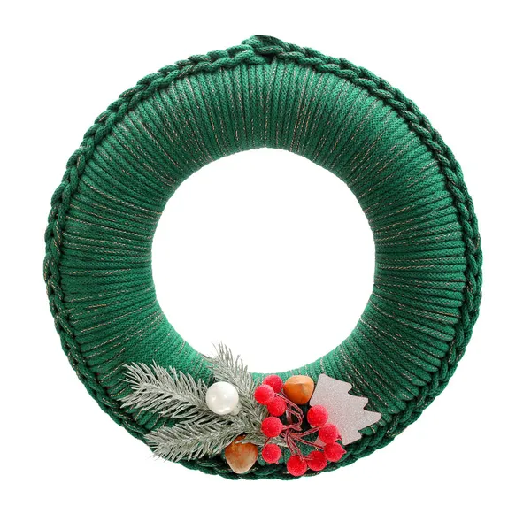 Green Christmas Wreath Made Yarn White Background Decorated Wreath Green — Stock Photo, Image
