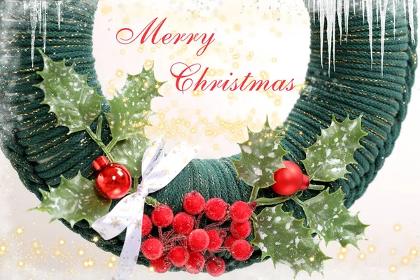 Christmas Wreath Made Yarn Merry Christmas Inscription — Fotografia de Stock