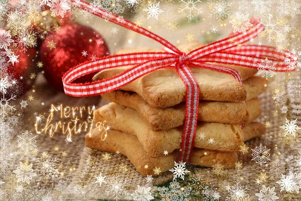 Galletas Navidad Con Decoraciones Sobre Fondo Madera Con Alegre Inscripción — Foto de Stock