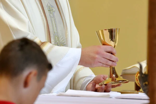 Kielich Rękach Kapłana Ołtarzu Podczas Celebracji Mszy Puste Miejsce Tekst — Zdjęcie stockowe