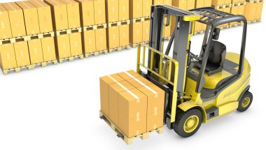 Sarı Forkliftler karton kutularda yığını ile