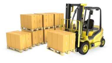 Sarı Forkliftler karton kutularda yığını ile