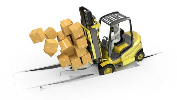 Fork lift truck with heavy load crashing through floor — Stock Photo, Image