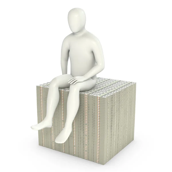 Абстрактный белый сидит на пачке долларов — стоковое фото