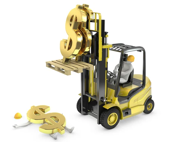 Dollar sign fell from fork lift truck and hit worker — Stock Photo, Image