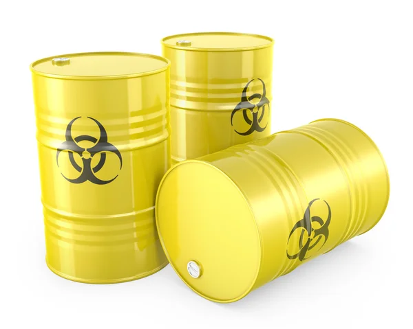 Three yellow barrels with biohazard symbol — Stock Photo, Image