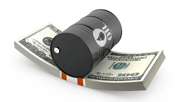 Barrel of oil on a pack of dollars — Stock Photo, Image