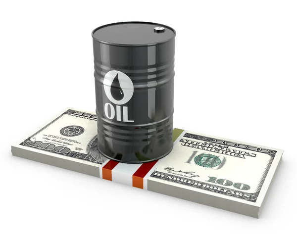 Barrel of oil on a pack of dollars — Stock Photo, Image