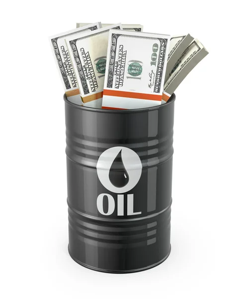 Baril de pétrole avec dollars à l'intérieur — Photo