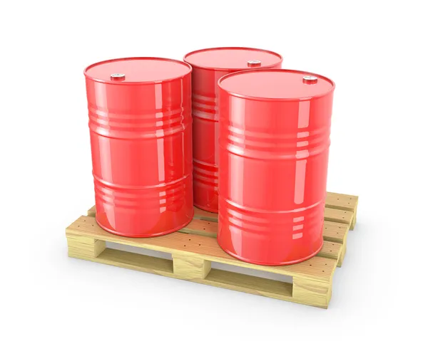 Drie rode vaten op een pallet — Stockfoto