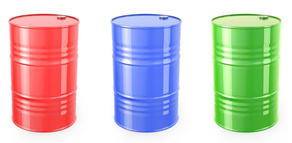 Three single red barrels, red, green and blue — Stock Photo, Image