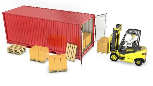 Yellow fork lift truck unloads red container — Stock Photo, Image