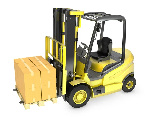 Sarı Forkliftler karton kutularda yığını ile — Stok fotoğraf