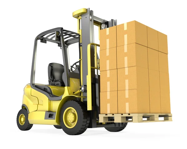 Gele fork lift truck met grote stapel van kartonnen dozen — Stockfoto