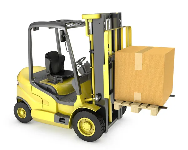 Yellow fork lift truck with large carton box — Stock Photo, Image