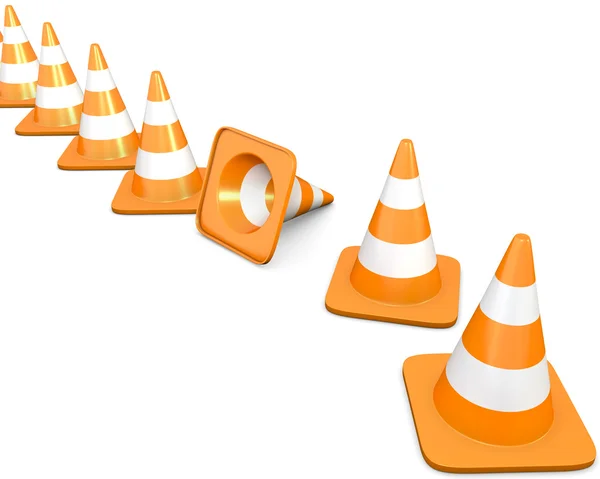 Diagonal line of traffic cones with one fallen cone — Stockfoto