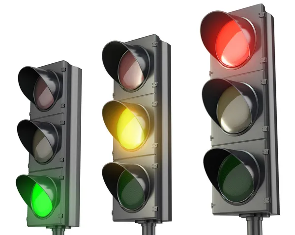 Three traffic lights, red green and yellow — Stock Photo, Image