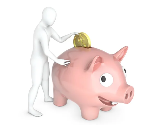 Abstract white guy puts coin into piggy bank — Stock Photo, Image