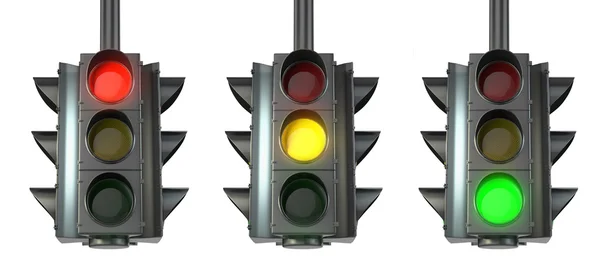 Conjunto de semáforos, vermelho, verde e amarelo — Fotografia de Stock
